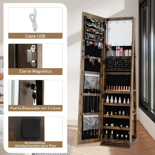 Armário giratório de 360° para joias com espelho de corpo inteiro 43 x 38 x 160 cm e prateleiras Espelho de maquilhagem Castanho