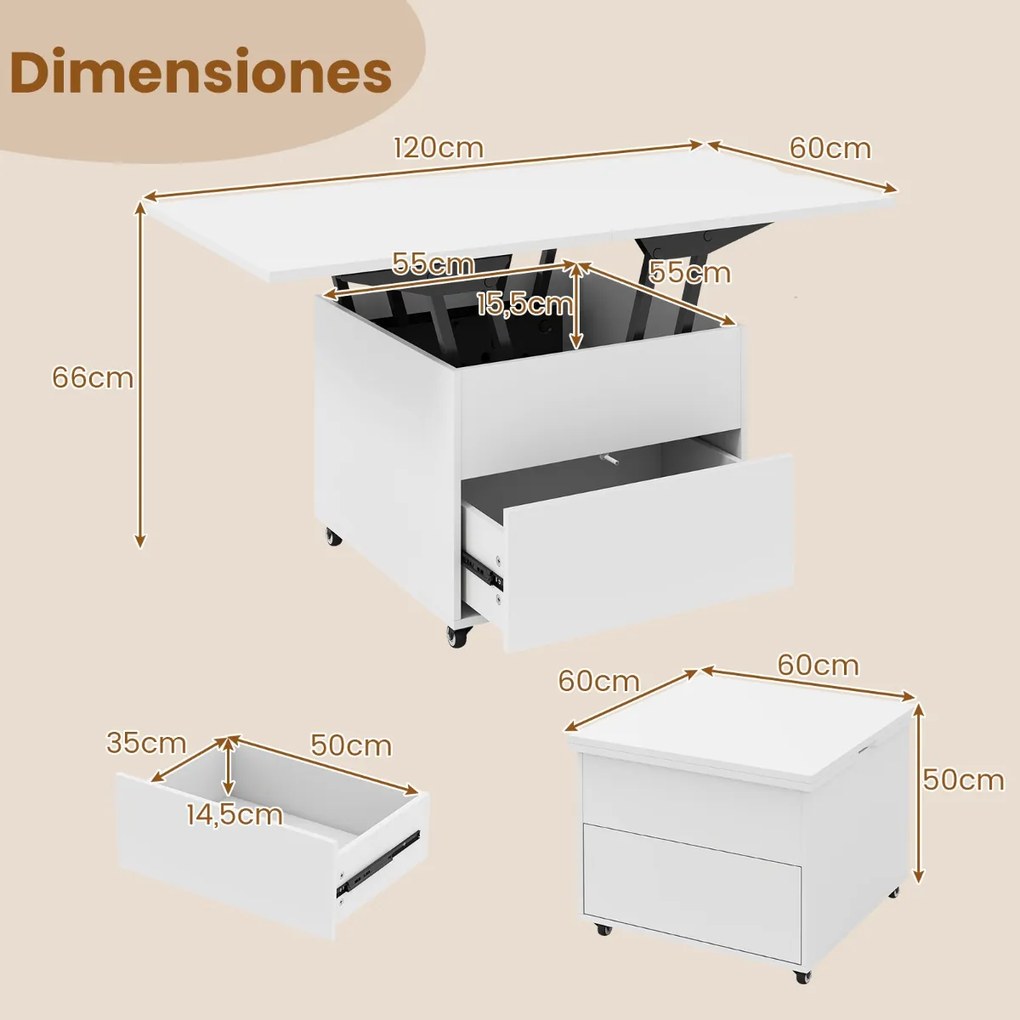 Mesa de Centro Elevável e Dobrável, 60 x 60 x 50 cm, Arrumação Oculta, Branco