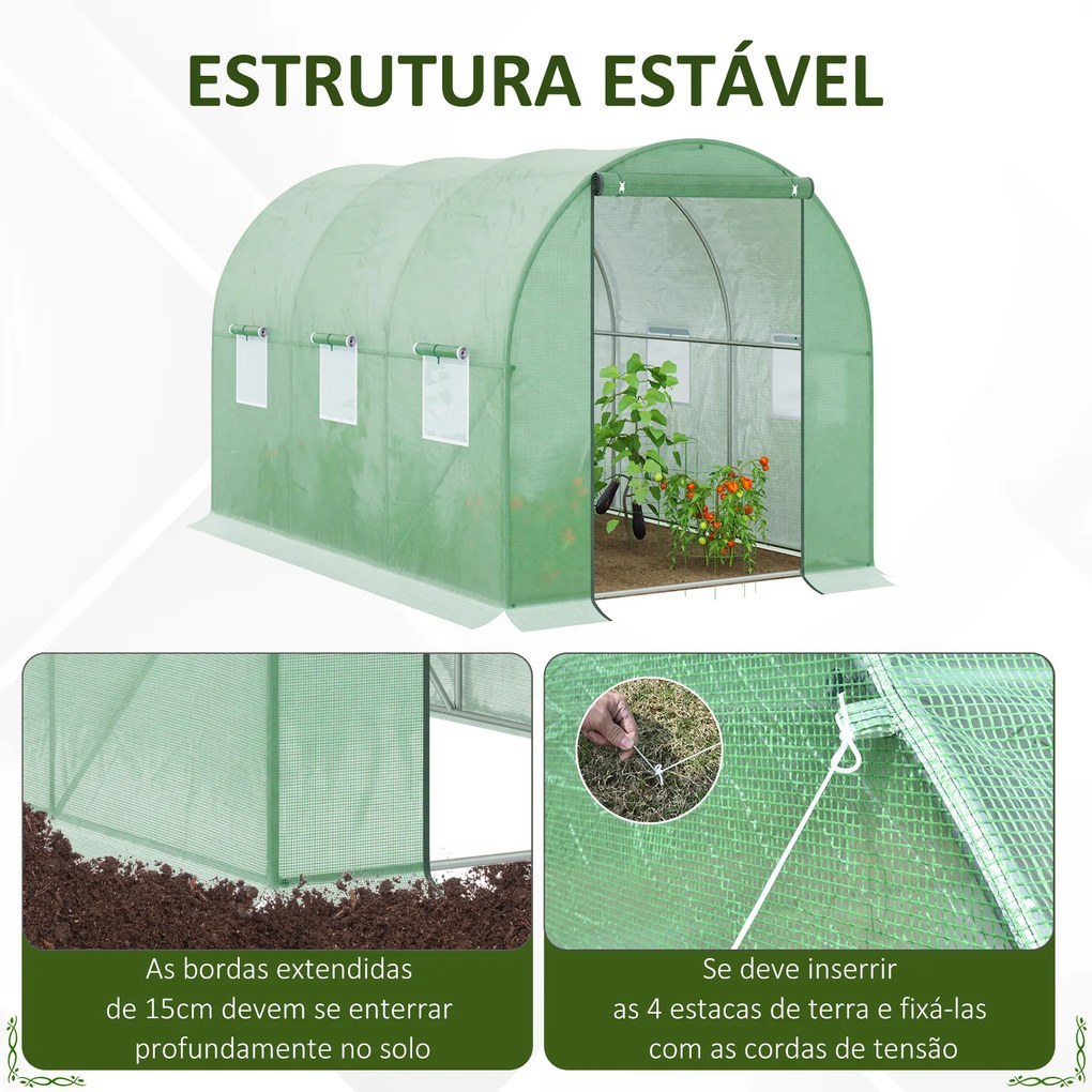 Outsunny Estufa de Túnel 3x2x3m Estufa de Jardim Exterior com Portas Enroláveis e 6 Janelas Polietileno e Metal Galvanizado para Cultivos Plantas Flores Verde
