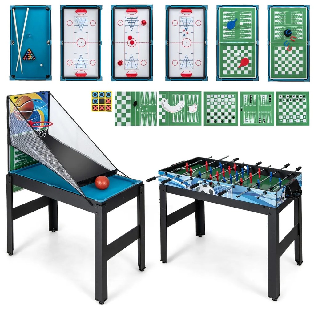 Conjunto de mesas multi-jogo 14 em 1 Kit combinado de basquetebol e matraquilhos com hóquei Bilhar Ténis de mesa Bowling Shuffleboard Xadrez Damas e G