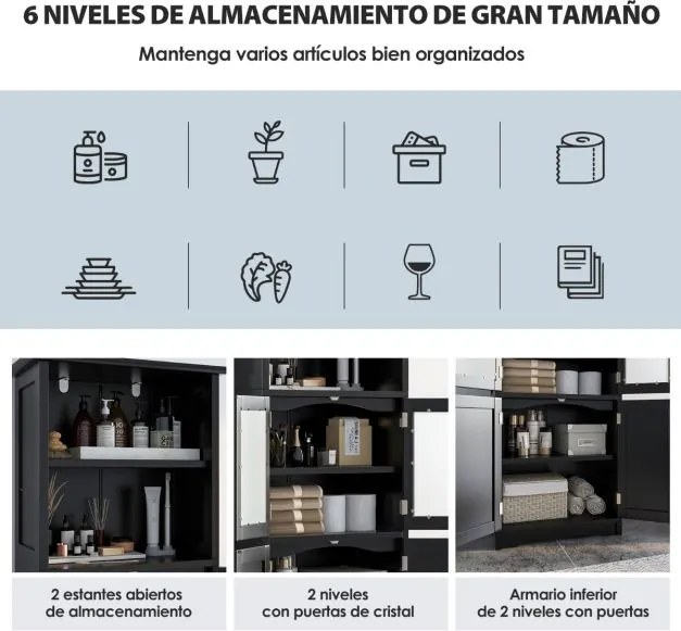 Armário multifunional alto com 2 portas Gaveta Estantes ajustáveis Armário de pé para sala Quarto Cozinha 60 x 30 x 163 cm Preto