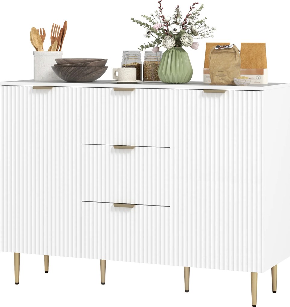 Aparador de Cozinha, 120 x 40 x 89,5 cm, 3 Gavetas e Prateleiras Ajustáveis, Branco