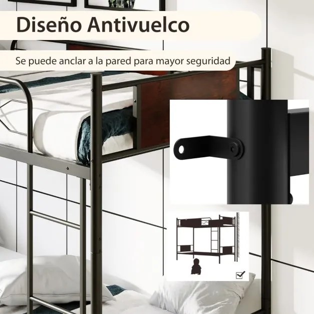 Beliche de metal Cama convertível 2 em 1 para 2 pessoas e corrimão de segurança de 30 cm com dispositivo anti-tombo 198 x 95 x 156 cm