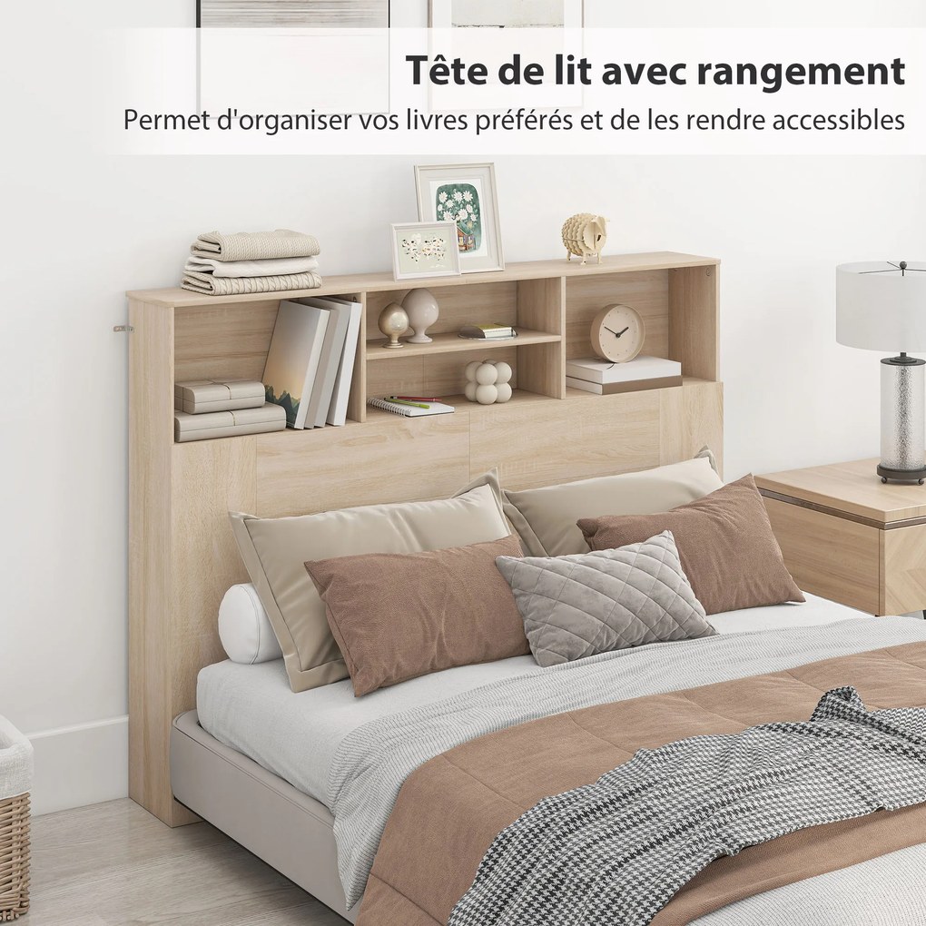 Cabeceira de cama com pés e arrumação, acessório de cama com 4 compartimentos abertos, 140 x 19 x 103,5 cm, efeito de madeira natural