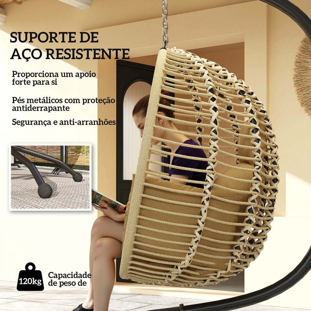 Cadeira Suspensa com Suporte Cesto Dobrável Almofada e Apoio de Cabeça para Interior e Exterior Capacidade 120 kg Bege