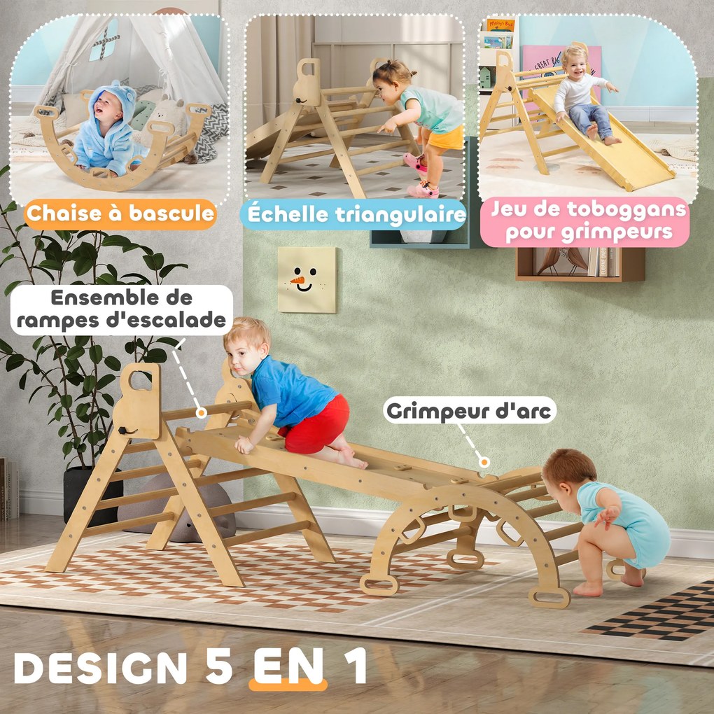 Triângulo de escalada 185 C x 66 L x 71 A cm infantil 5 em 1 com rampa de escalada reversível e balancé madeira natural