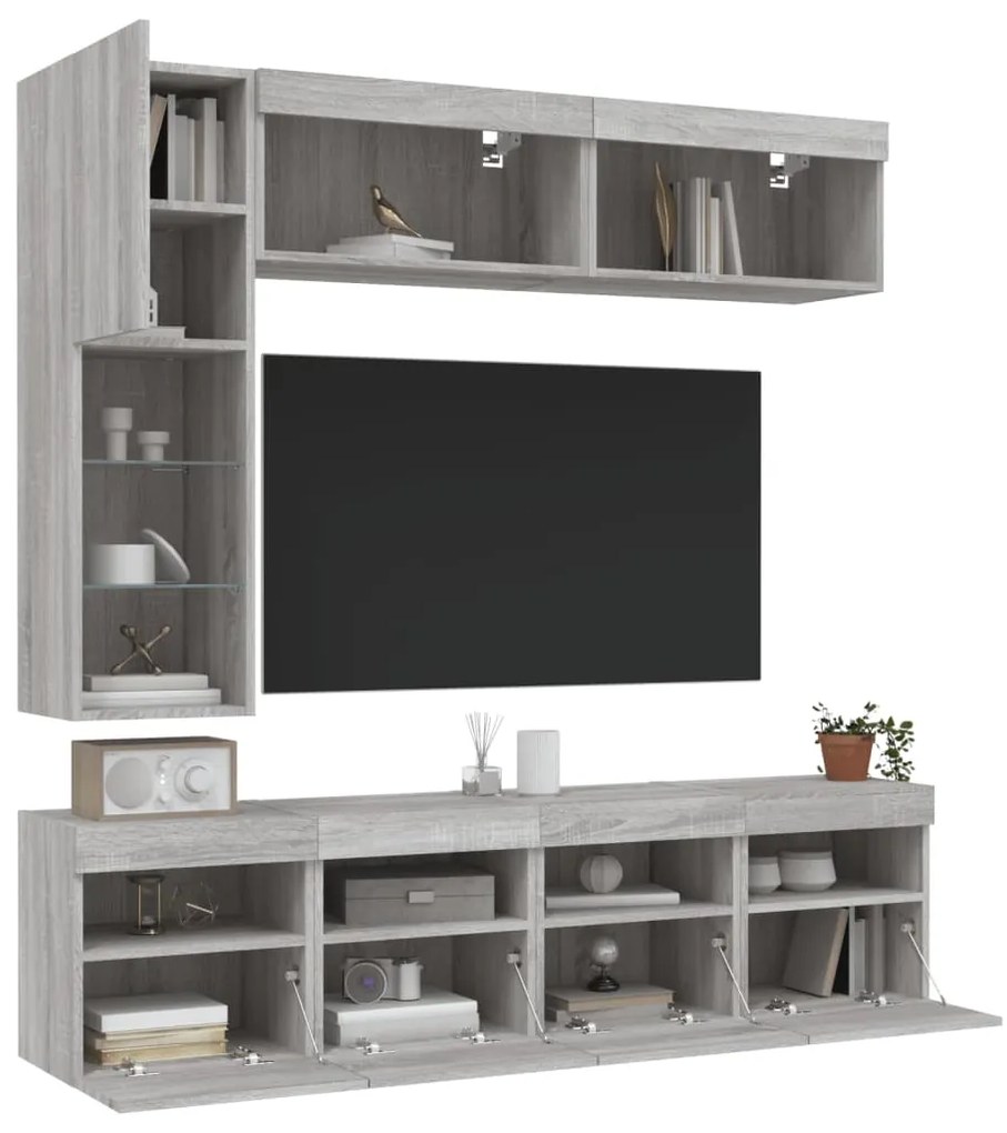 7 pcs conj. móveis de parede p/ TV c/ luzes LED cinzento sonoma