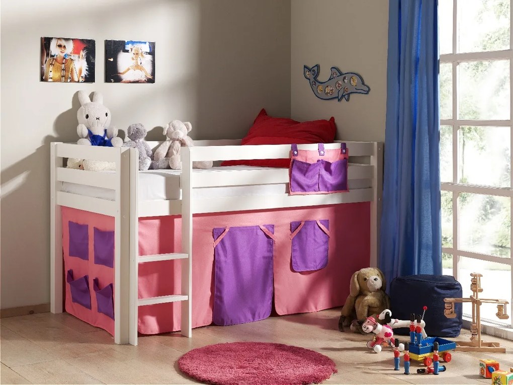 Conjunto Cama alta de Criança PINO 90 x 200 cm + estrado + escada + cortina Bella Branca
