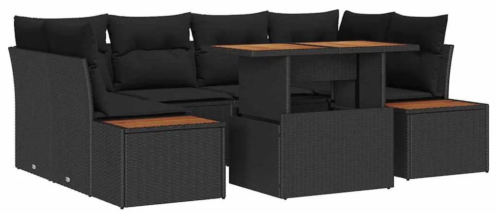 Conjunto de Jantar para Jardim com 7 peças e almofadas pretas em ratta