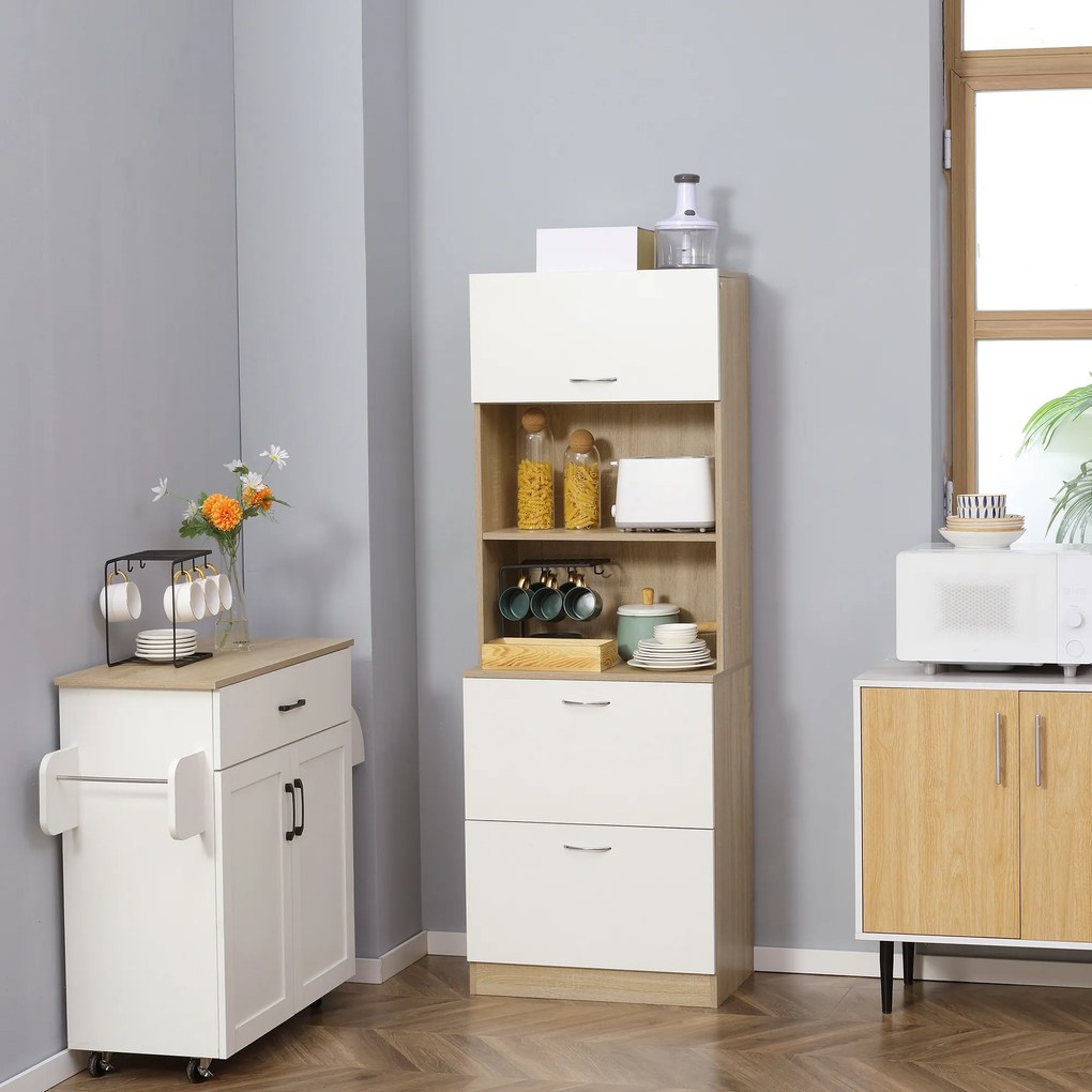Aparador de cozinha com armário e vários compartimentos de arrumação: 2 gavetas, 1 armário + prateleira grande, 60 x 38 x 168 cm, MDF branco