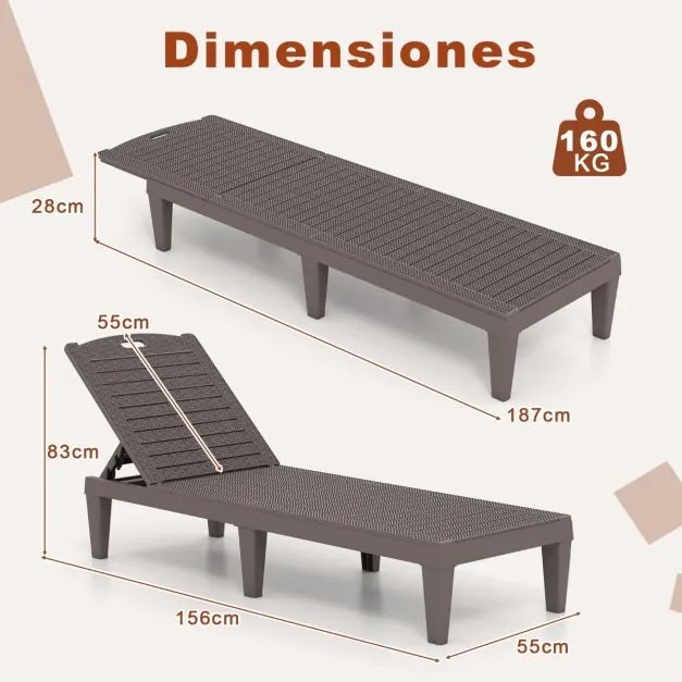 Conjunto de 2 espreguiçadeiras de Jardim 156 x 55 x 83 cm em PP com encosto ajustável em 4 posições Fácil montagem Castanho