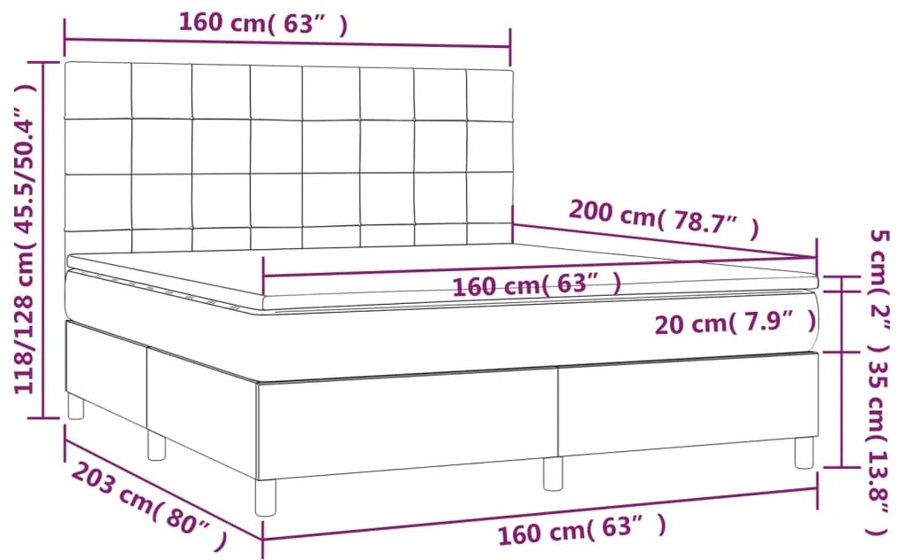 Cama box spring c/ colchão/LED 160x200 cm veludo azul-escuro