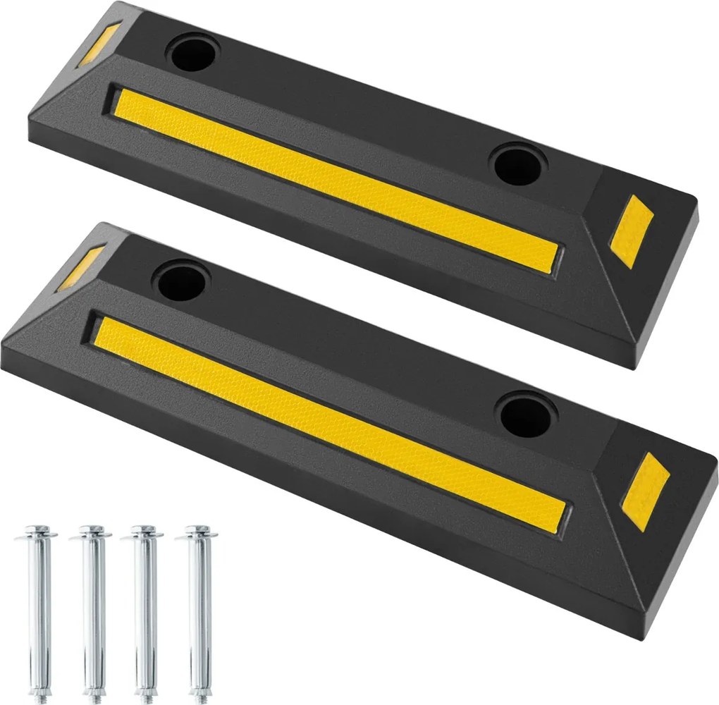 2 Calços de borracha Garagem 54,5 x 16 x 9 cm duráveis e robustos para o chão da garagem com faixas reflectoras Amarelo + Preto