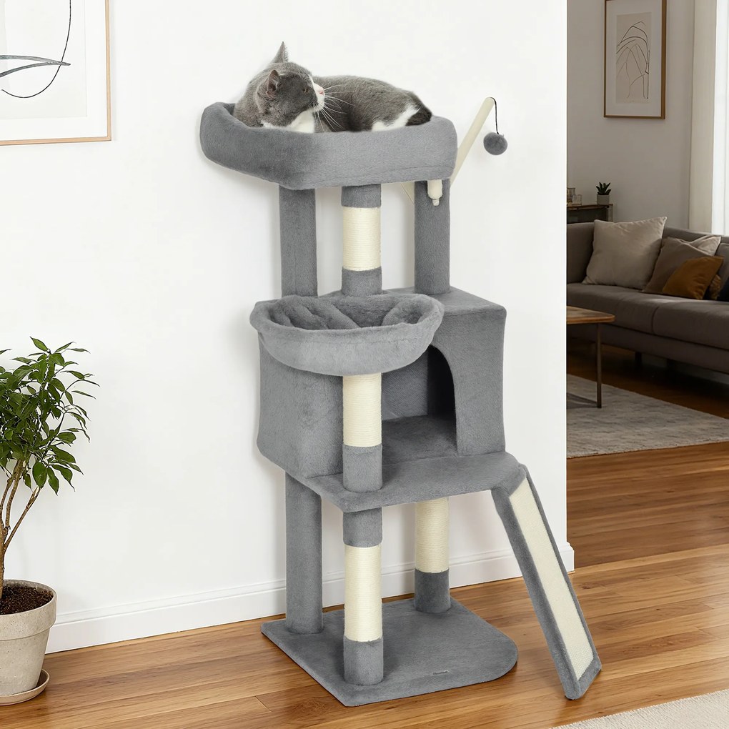 Arranhador para gatos com torre de brincadeiras, arranhadores e tapetes de sisal, plataforma, compartimentos abertos, rede, 40,5 x 40,5 x 103 cm, cinz