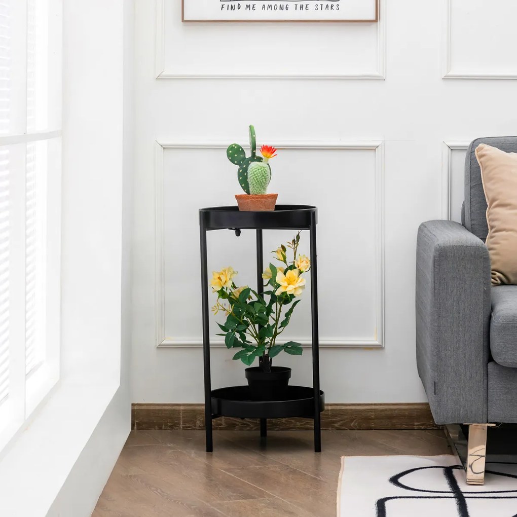 Floreira Suporte para plantas metálicas com 2 níveis Suporte para plantas moderno com 2 bandejas dobráveis para interior e exterior 30 x 60 cm Preto