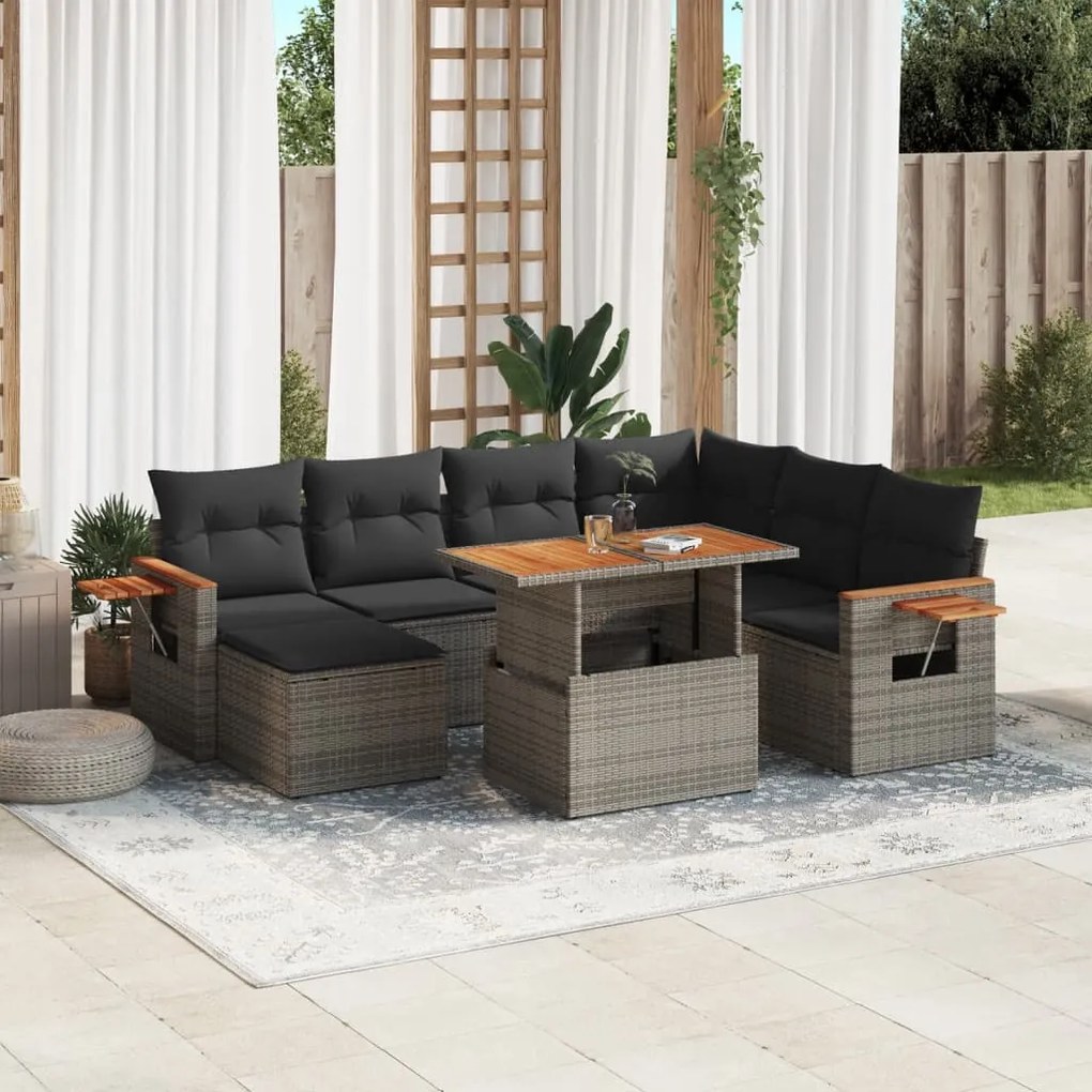 8 pcs conjunto sofás de jardim c/ almofadões vime PE cinzento