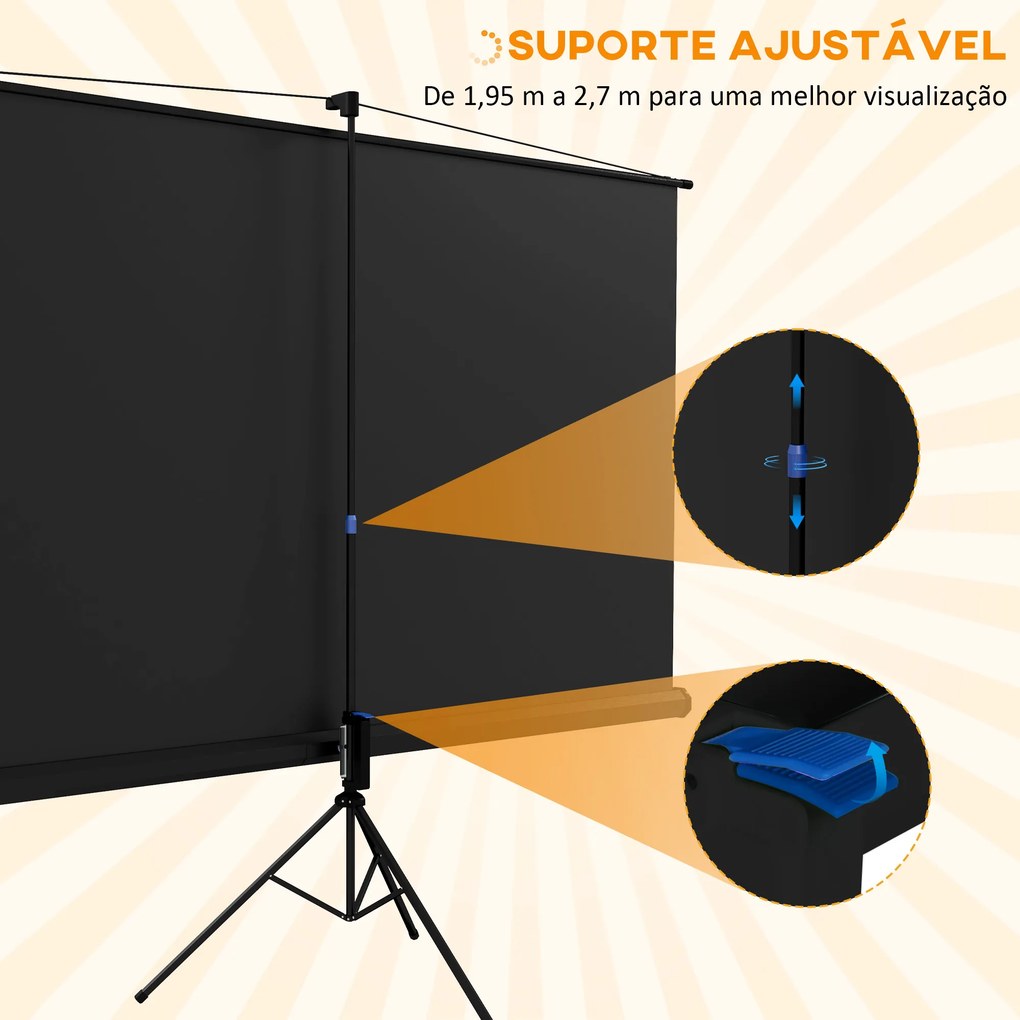 Tela de Projeção Manual com Suporte 100 Polegadas Portátil Formato 16:9 com Altura Ajustável 235,8x8x136 cm Branco e Preto