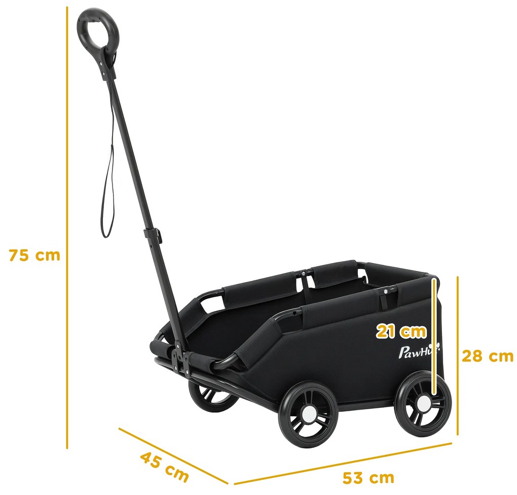 Carrinho para Cães Dobrável Carrinho para Cães Miniatura com Barra de Empurre Ajustável Desenho Aberto 53x45x28 cm Preto