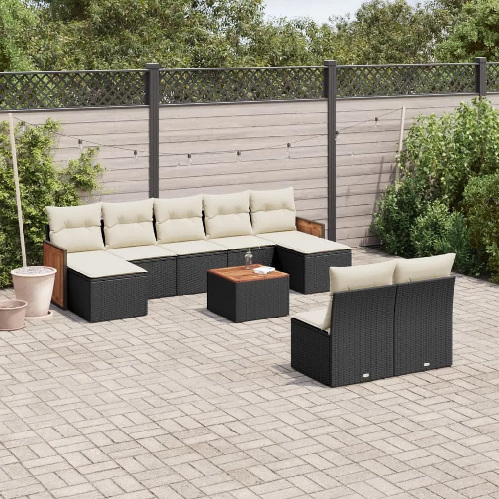 10 pcs conjunto sofás de jardim c/ almofadões vime PE preto