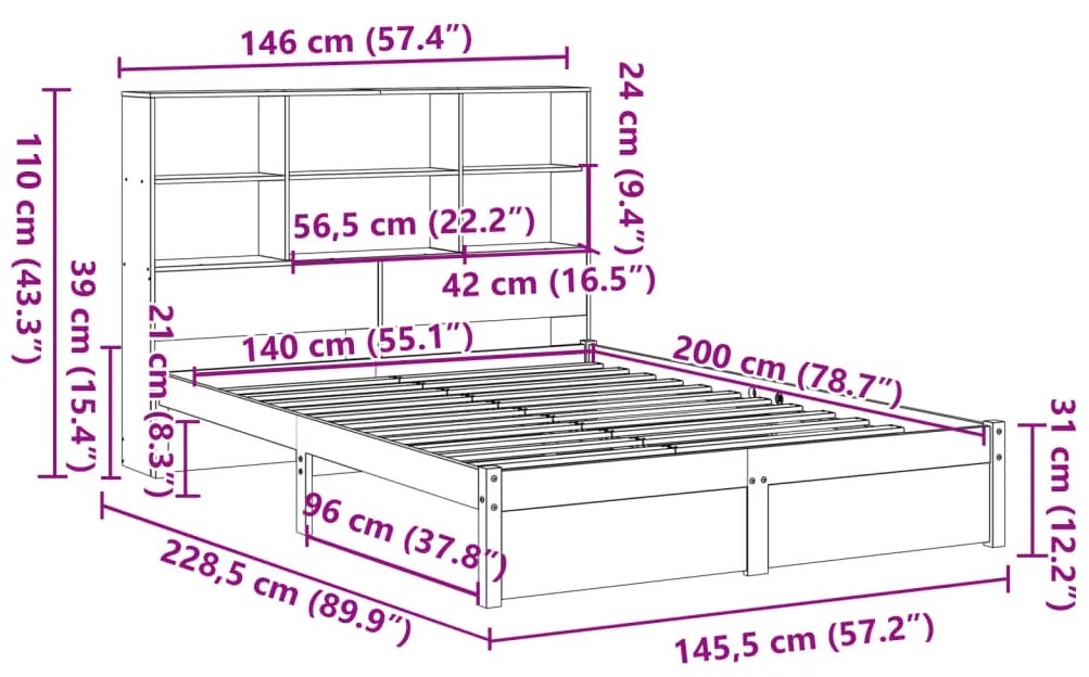 Cama com estante sem colchão 140x200 cm pinho maciço branco