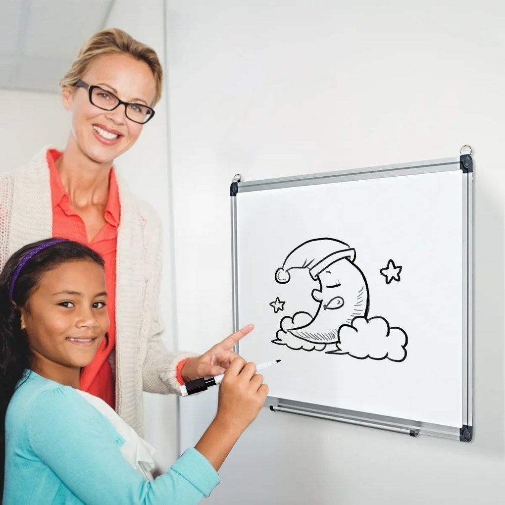 Quadro branco magnético 50 x 35 cm com tabuleiro amovível e estrutura de alumínio para escola, escritório e casa
