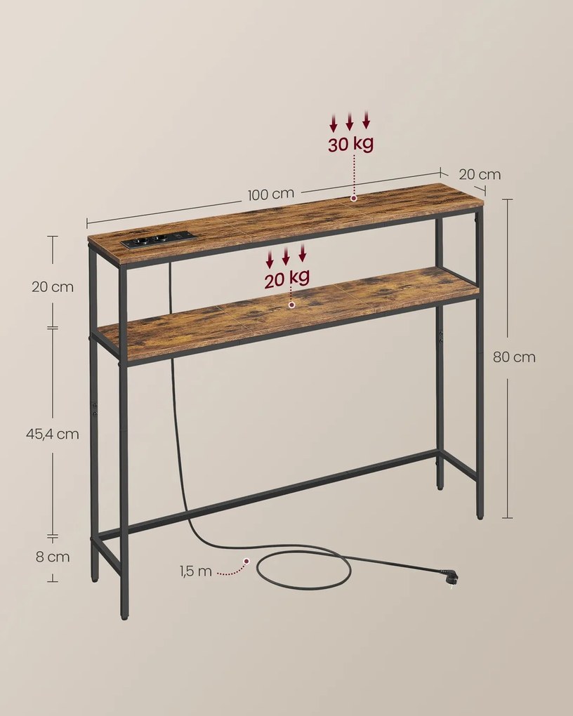 Mesa consola com 2 prateleiras 20 x 100 x 80 cm castanho vintage-Preto