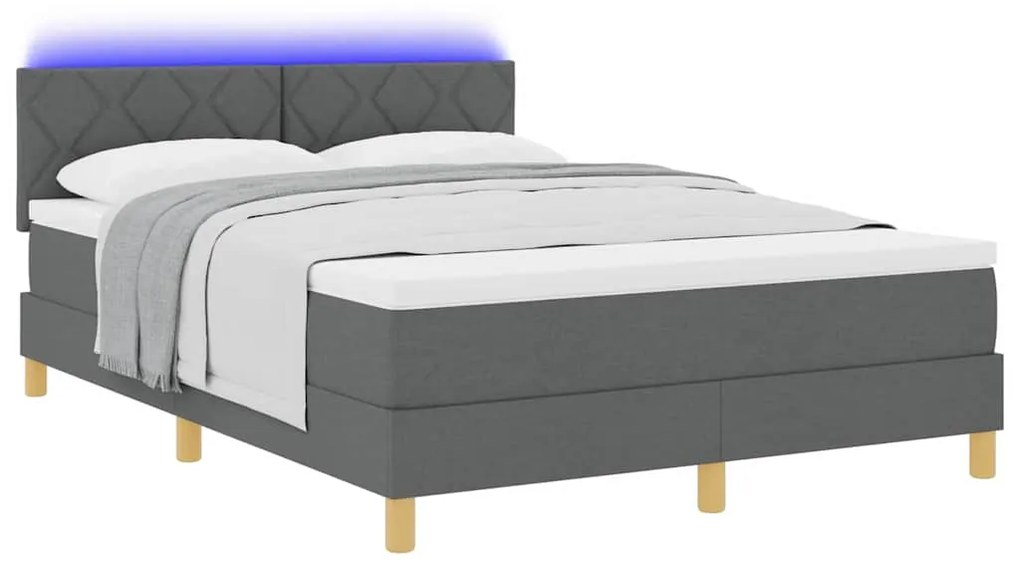 Cama Box Spring com Colchão &amp; LED Cinza Escuro 140x190 cm Tecido