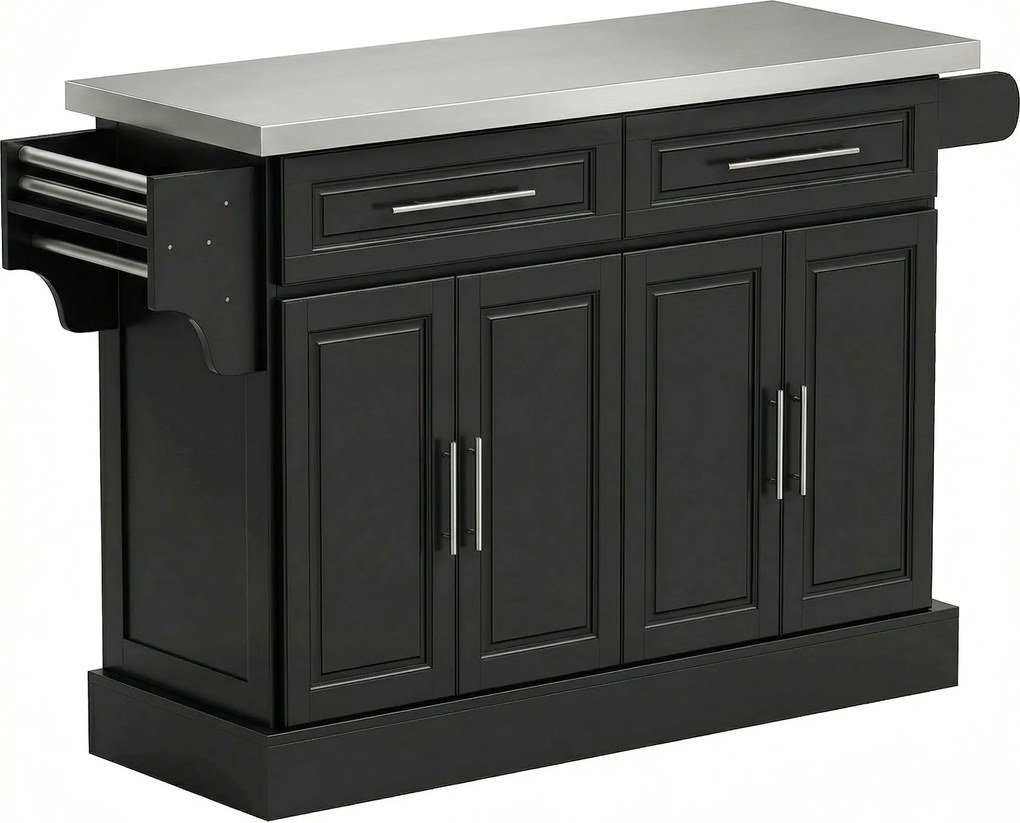 HOMCOM Ilha de Cozinha com Rodas Bancada de Aço Inoxidável 2 Gavetas 4 Portas e 2 Prateleiras Ajustáveis 145x45x93 cm Preto | Aosom Portugal