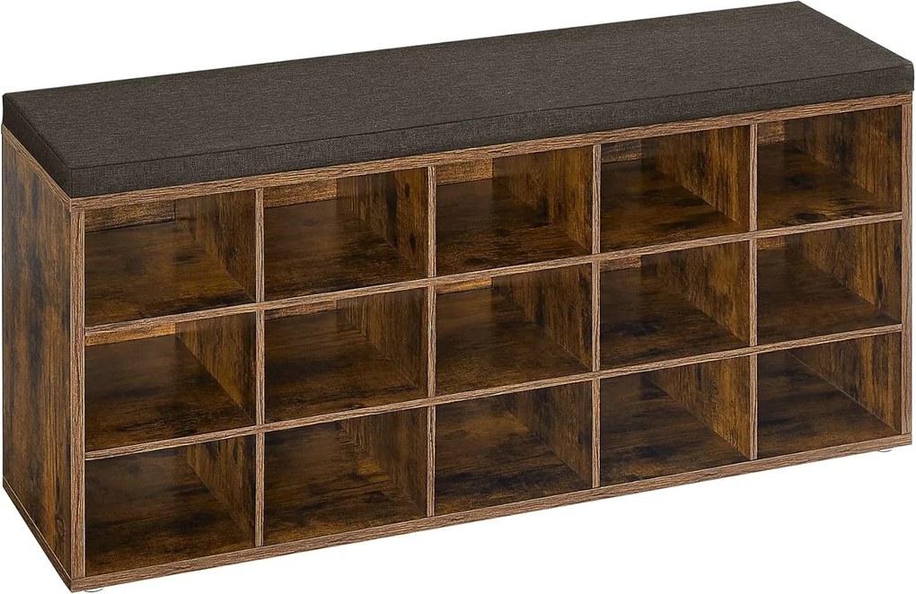 Sapateira VASAGLE, banco para sapatos com assento, armário para sapatos com almofada, 15 compartimentos de armazenamento abertos, 30 x 105 x 48 cm, para corredor, quarto, sala de estar, entrada, marrom rústico e marrom LHS15BX