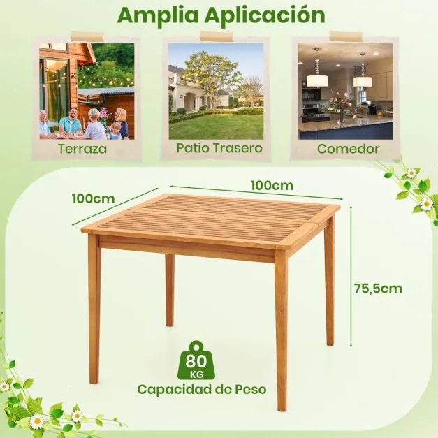 Mesa de jantar jardim exterior para 4 pessoas quadrada 100 cm com orifício para guarda-sol de 5 cm Natural