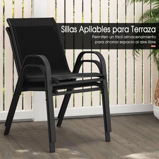 Conjunto de 4 cadeiras de jardim empilháveis (MESA NÃO INCLUIDA) com apoios de braços, encostos em metal e tecido, 56 x 70 x 84 cm Preto