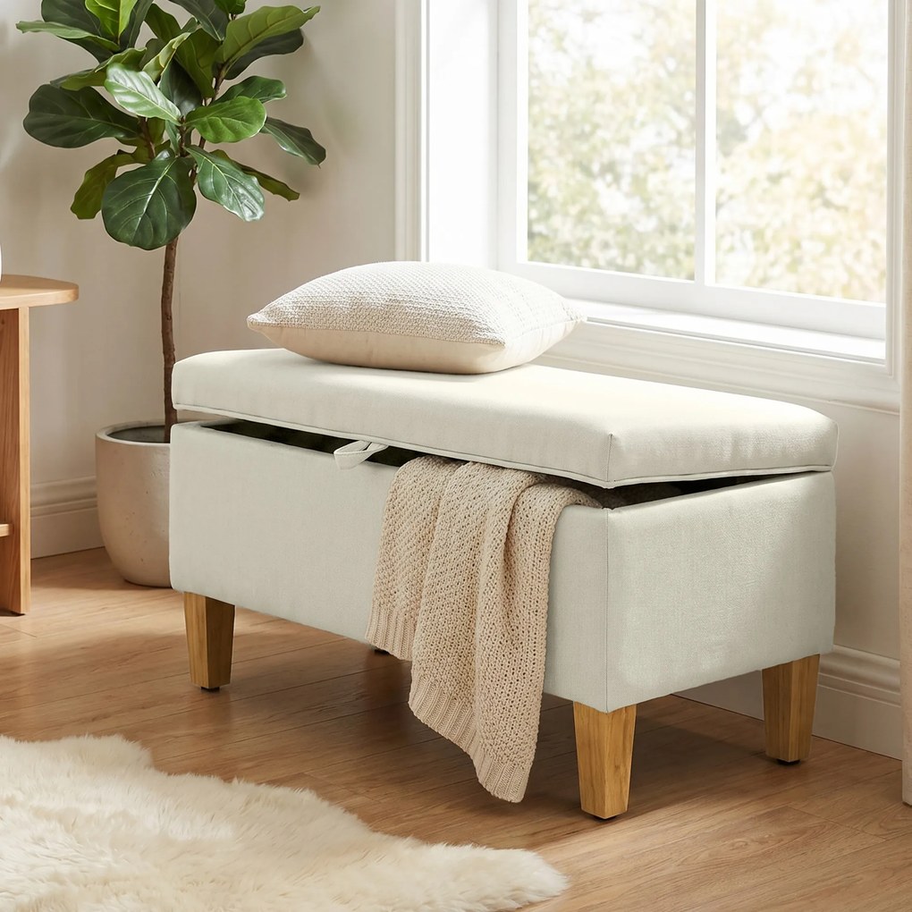 Banco de arrumação 71x37x36 cm, apoio de cama, apoio para os pés almofadado em linho com pés em madeira de borracha, bege