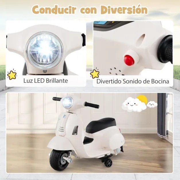 Mota elétrica para crianças 6V com rodas de treino removíveis Faróis Buzina branca