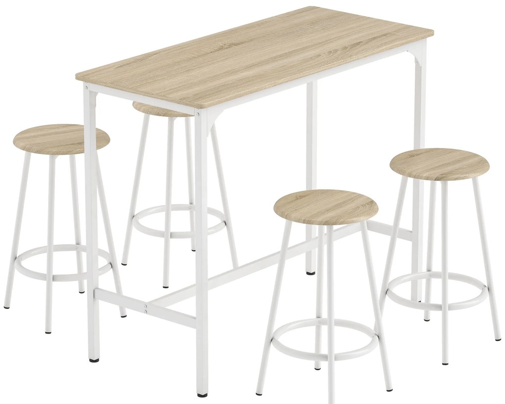 HOMCOM Conjunto de Móveis Altos de Bar com 5 Peças Mesa de Refeição Industrial e 4 Bancos Redondos Madeira e Branco | Aosom Portugal