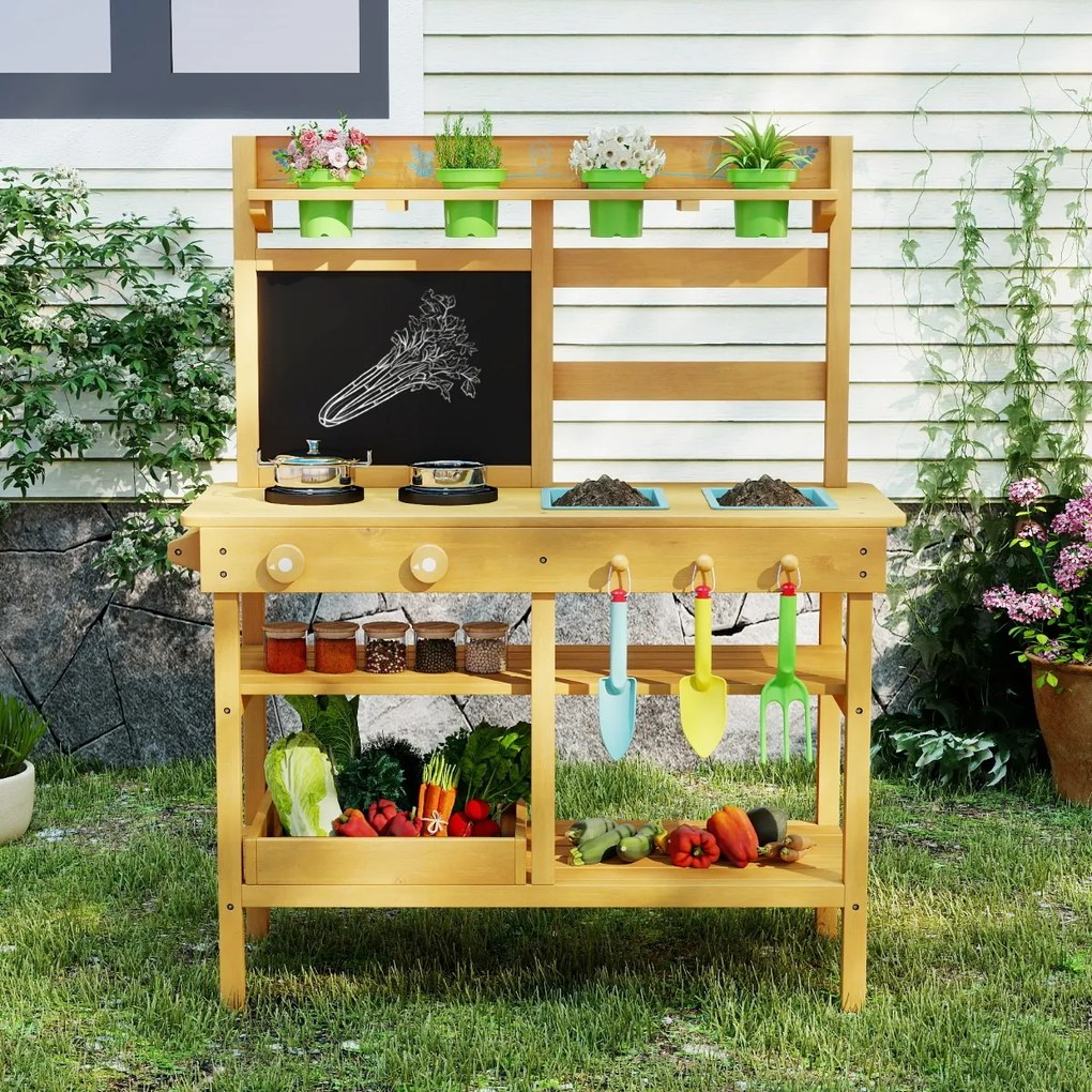 Cozinha de brincar para crianças de madeira 79 x 32 x 95 cm para exterior com torneira Pias removíveis Quadro negro Placas de cozedura natural