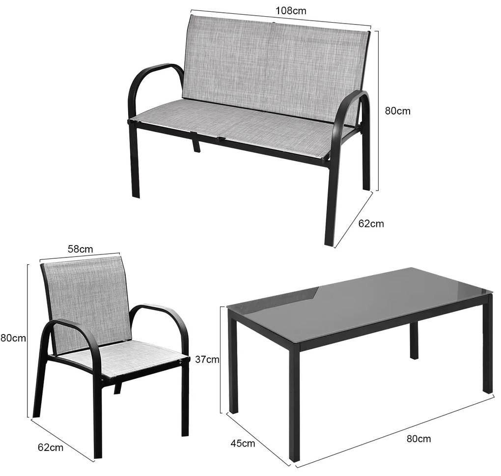 Conjunto Jardim de Mesa de Centro, 2 Cadeiras, Banco e Mesa de Centro de Jardim em Ferro e Malha para Terraço Exterior Cinzento