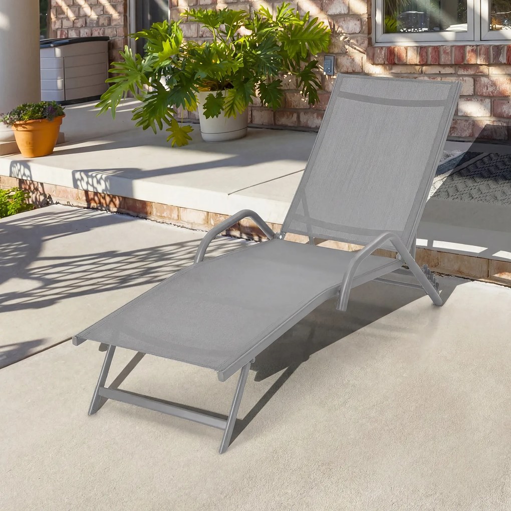 Conjunto de 2 espreguiçadeiras de exterior, poltronas reclináveis com 5 posições de ajuste e assento respirável, para pátio, jardim e piscina, cinza