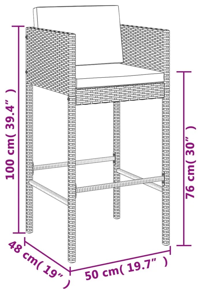 7 pcs conjunto de bar para jardim c/ almofadões vime PE preto