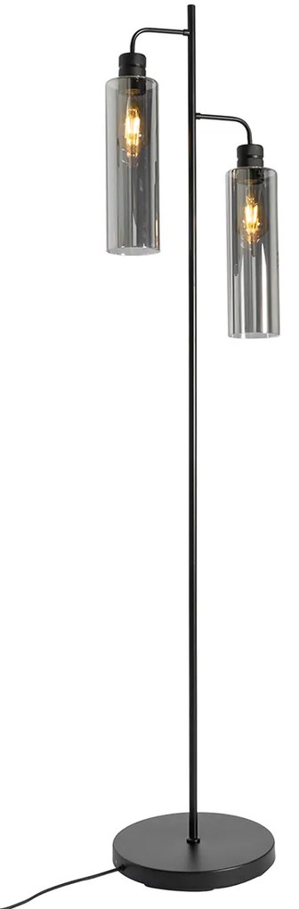 Candeeiro de pé moderno preto com vidro fumê 2 luzes - Stavelot Moderno