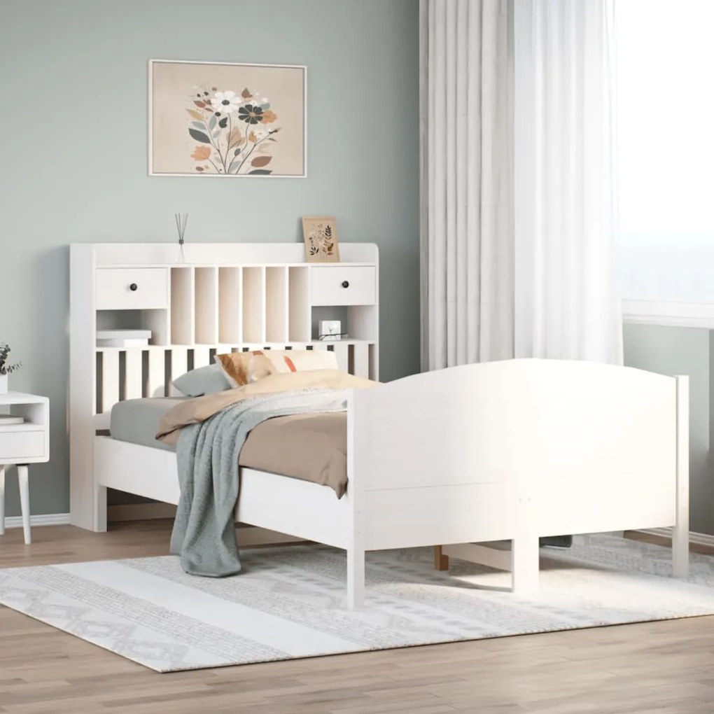 Cama com estante sem colchão 135x190 cm pinho maciço branco