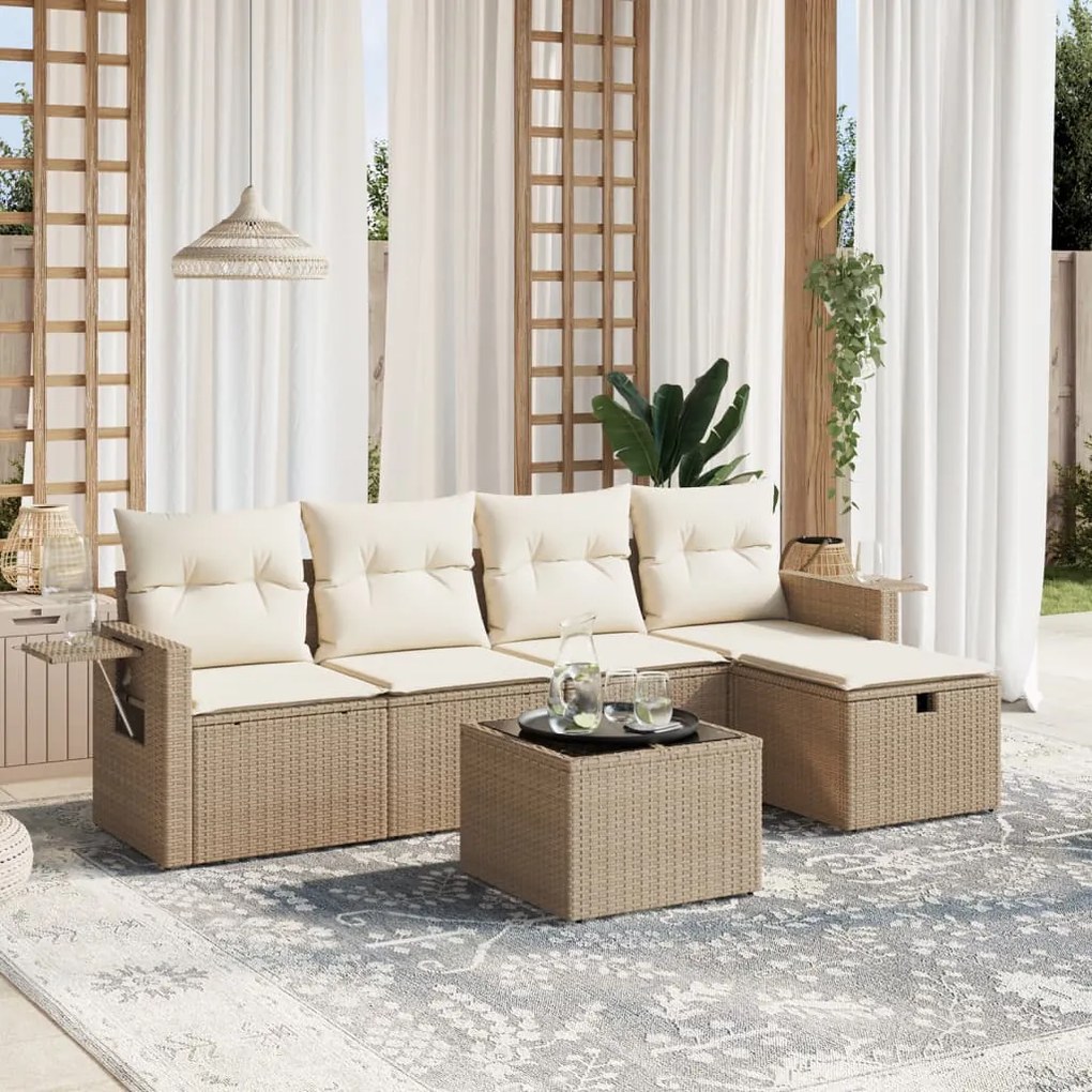 6 pcs conjunto de sofás p/ jardim com almofadões vime PE bege