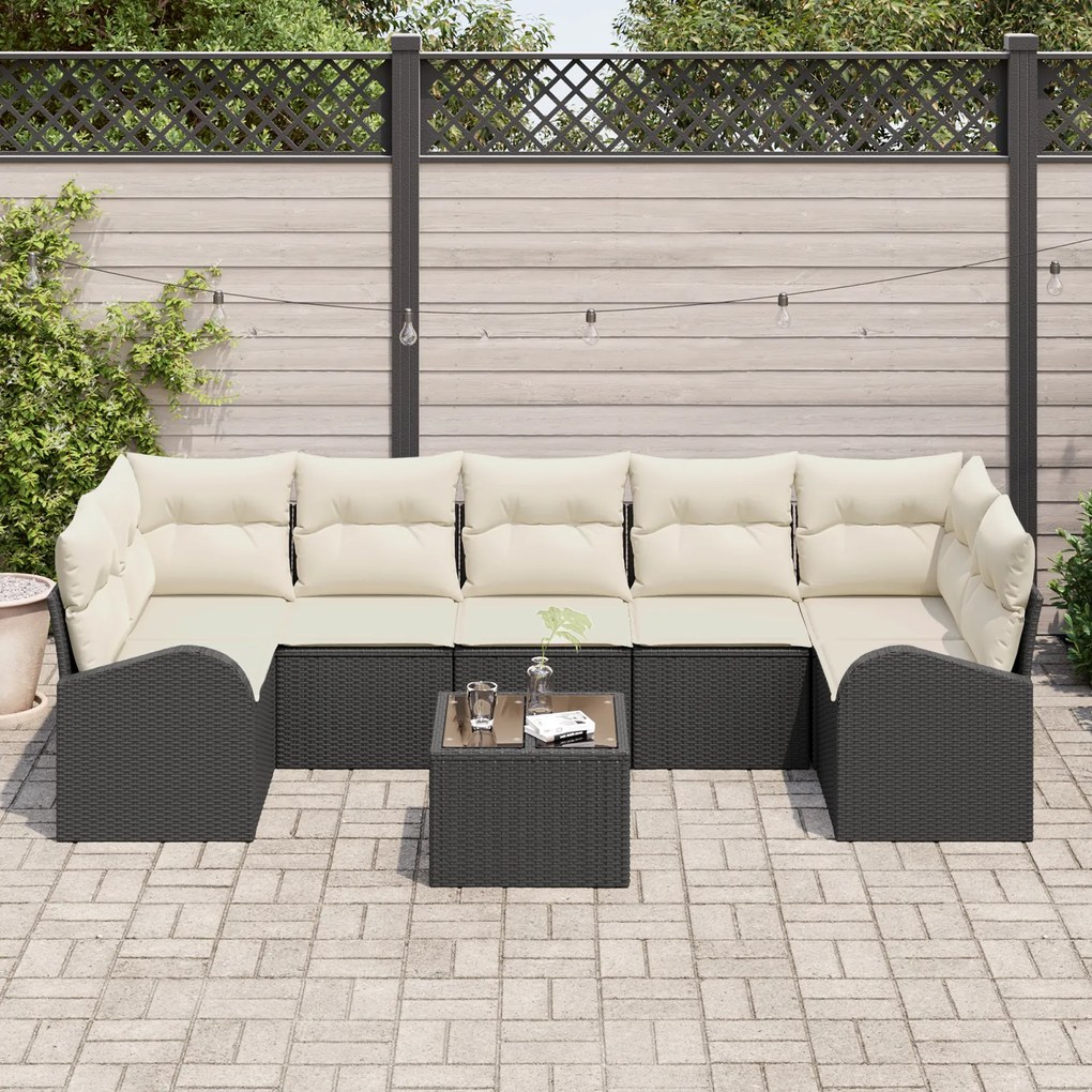 Conjunto de Sofá de Jardim de 8 Peças com Almofadas Pretas em Rattan P