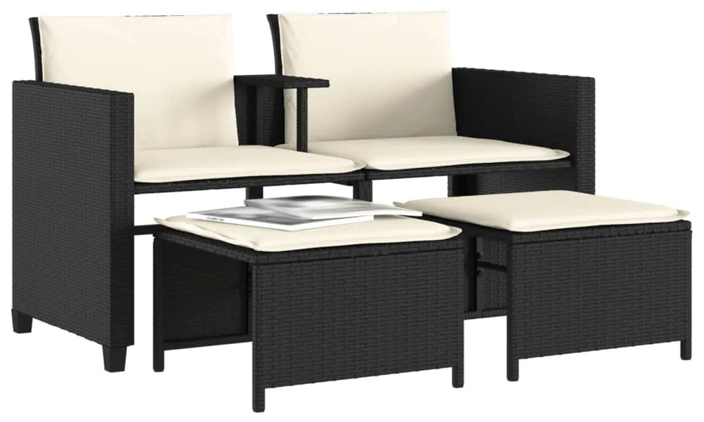 Sofá de jardim de 2 lugares com mesa e bancos vime PE preto