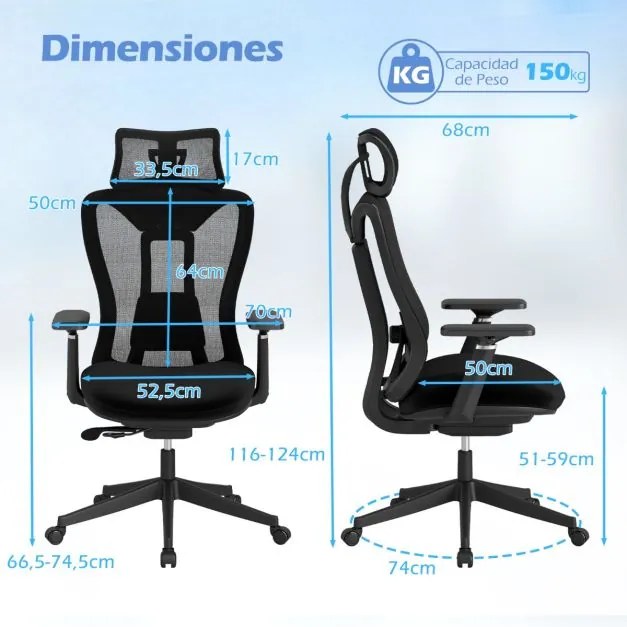 Cadeira de escritório em malha com encosto ajustável em 3 níveis, almofada lombar e apoio para a cabeça, braços, 70 x 68 x 116-124 cm, preta
