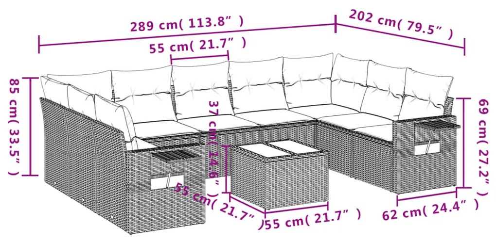 10 pcs conjunto de sofás p/ jardim com almofadões vime PE bege