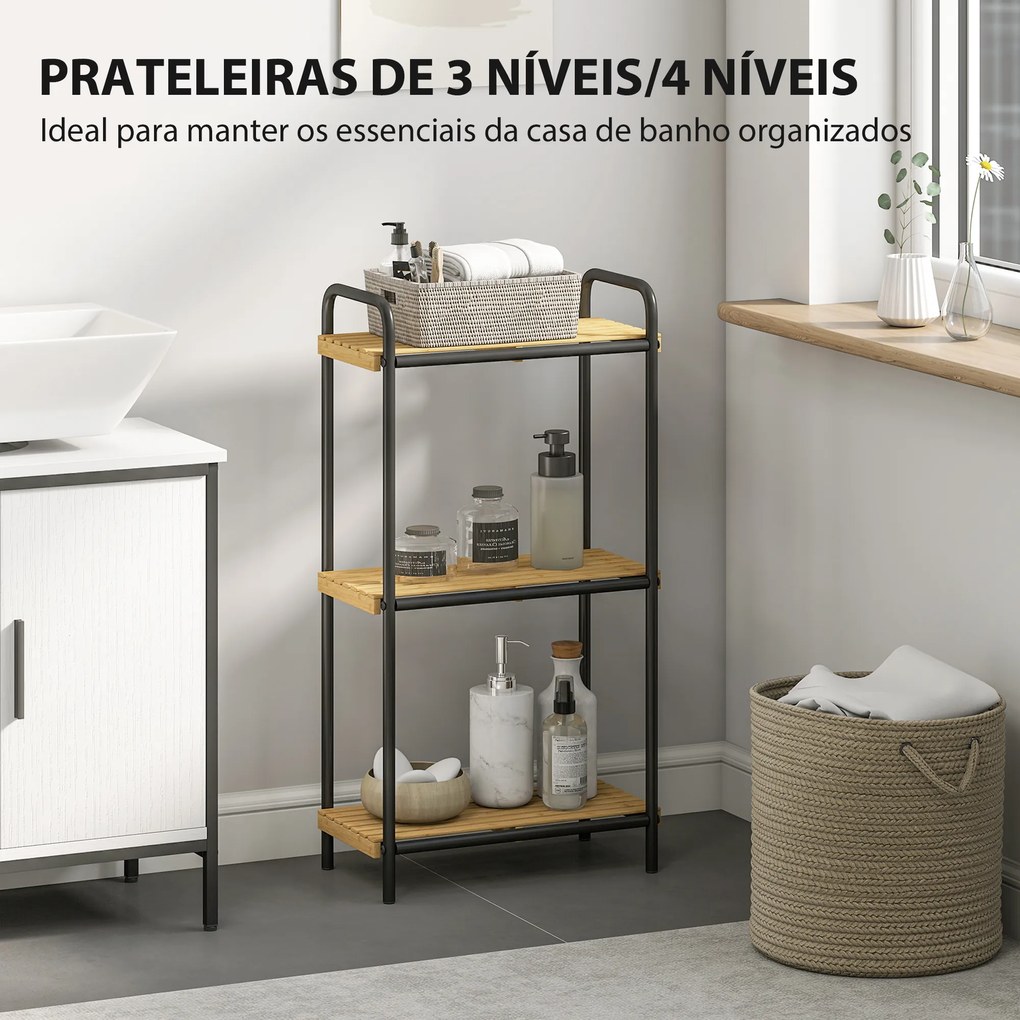 Estante de Casa de Banho de Bambu de 3 Níveis Estante de Armazenamento com 3 Prateleiras Ripas e Estrutura de Aço 41,5x21,5x77,5 cm Madeira e Preto