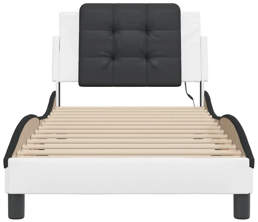 Estrutura cama c/ luzes LED 80x200 cm couro artif. branco/preto