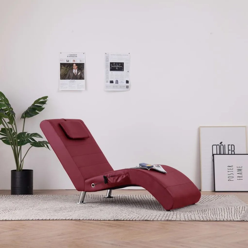 vidaXL Chaise longue massagem + almofada couro artif. vermelho tinto