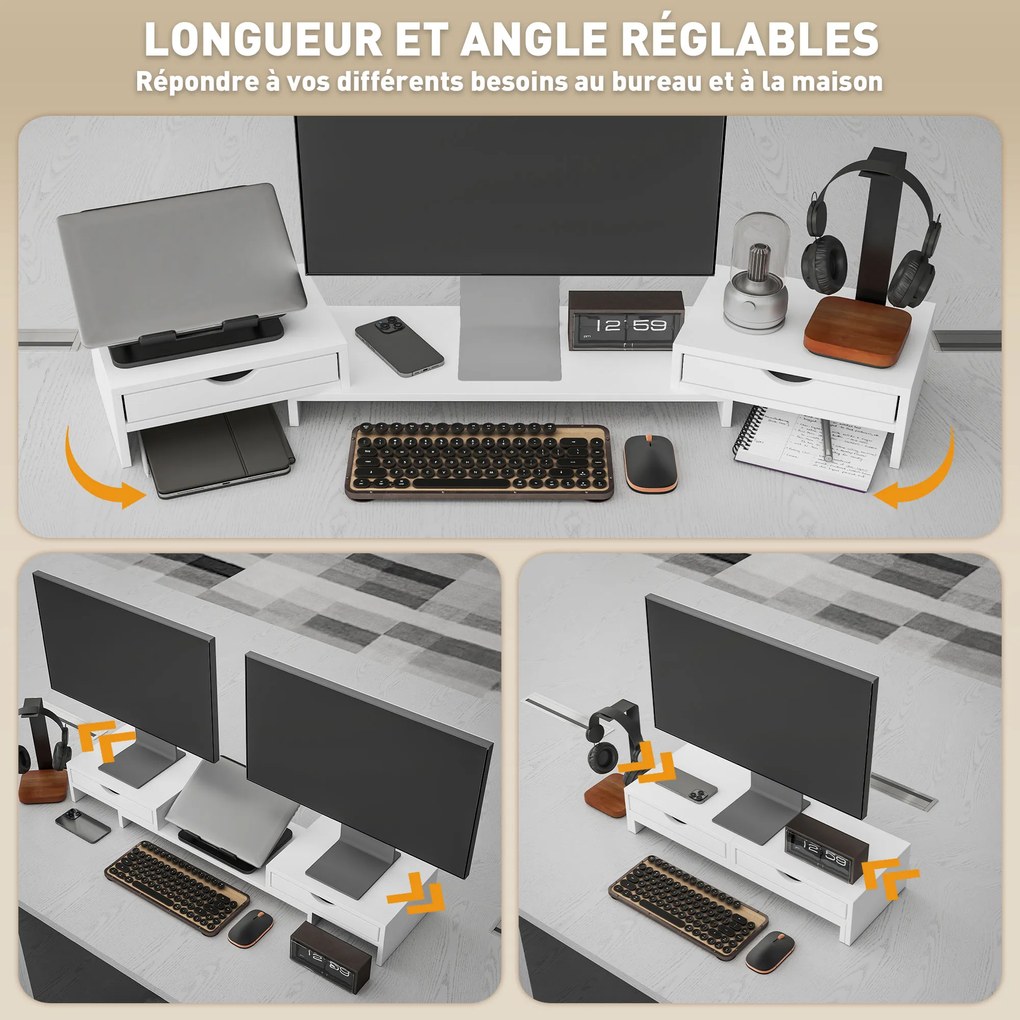 Suporte elevatório para monitor de computador de secretária, 60-116 C x 22 L x 12 A cm, com 2 gavetas, comprimento e ângulo ajustáveis branco