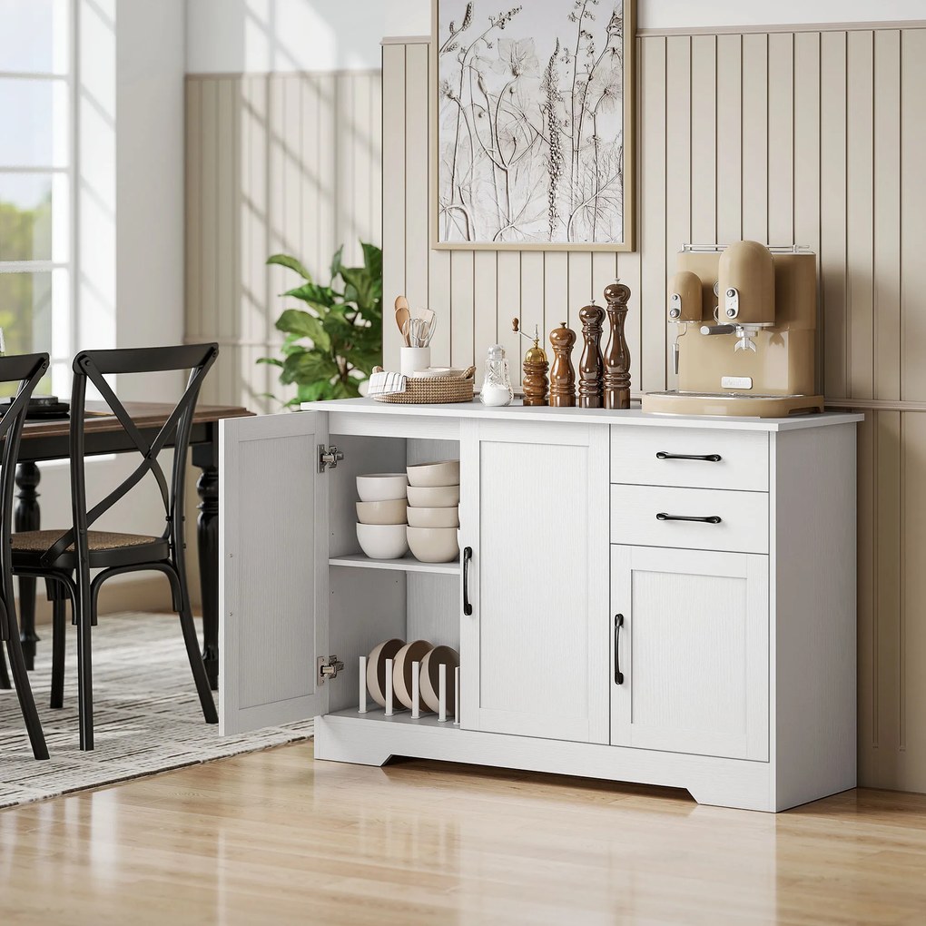 Aparador, móvel de arrumação com 3 portas 120 x 38 x 79 cm, 2 gavetas e prateleira ajustável, branco